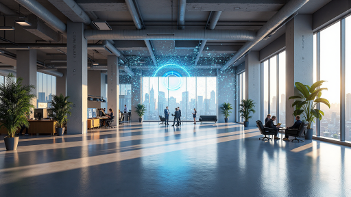 Modern office environment, spacious and bright office, employees working, blue background, business atmosphere